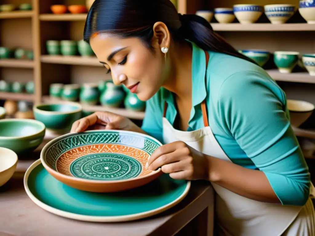 Un artesano pinta a mano diseños intrincados en un plato de cerámica, en un entorno lleno de hermosa alfarería