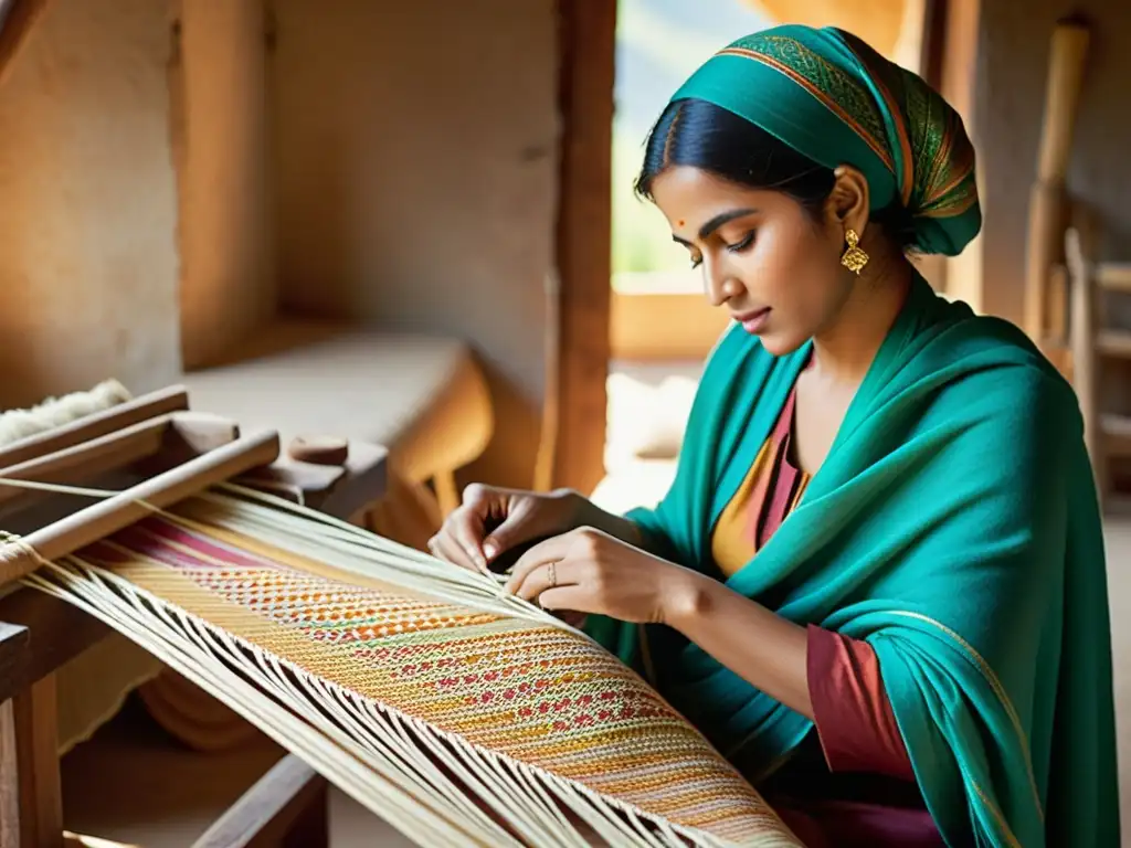 Artesano en Cachemira teje a mano patrones en pashmina, resaltando la tradición y el proceso artesanal pashmina cachemira