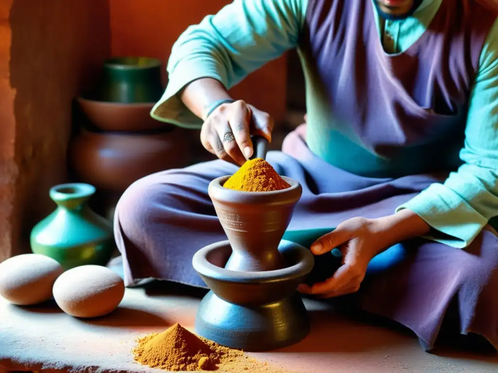 Un artesano marroquí muele pigmentos naturales en un taller tradicional de Marruecos, resaltando la artesanía y las técnicas ancestrales