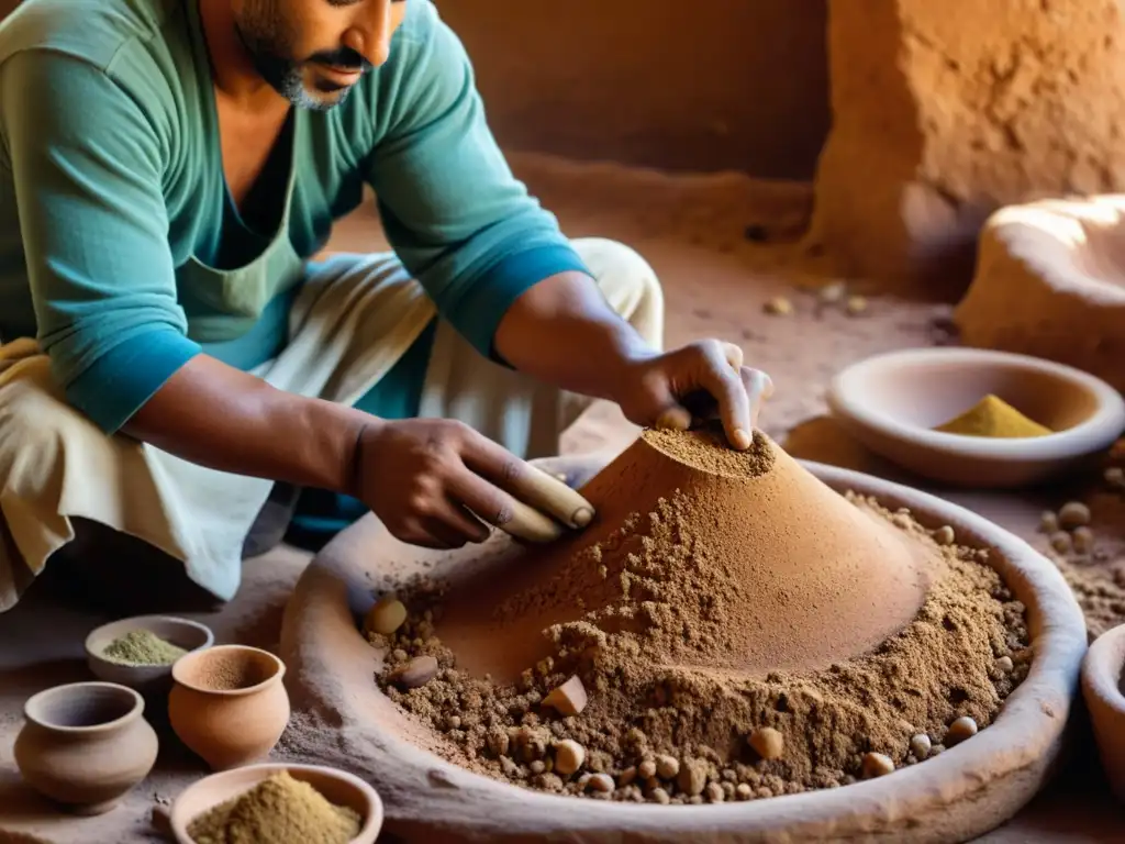 Un artesano marroquí prepara pigmentos naturales en su taller, creando una atmósfera de tradición y autenticidad