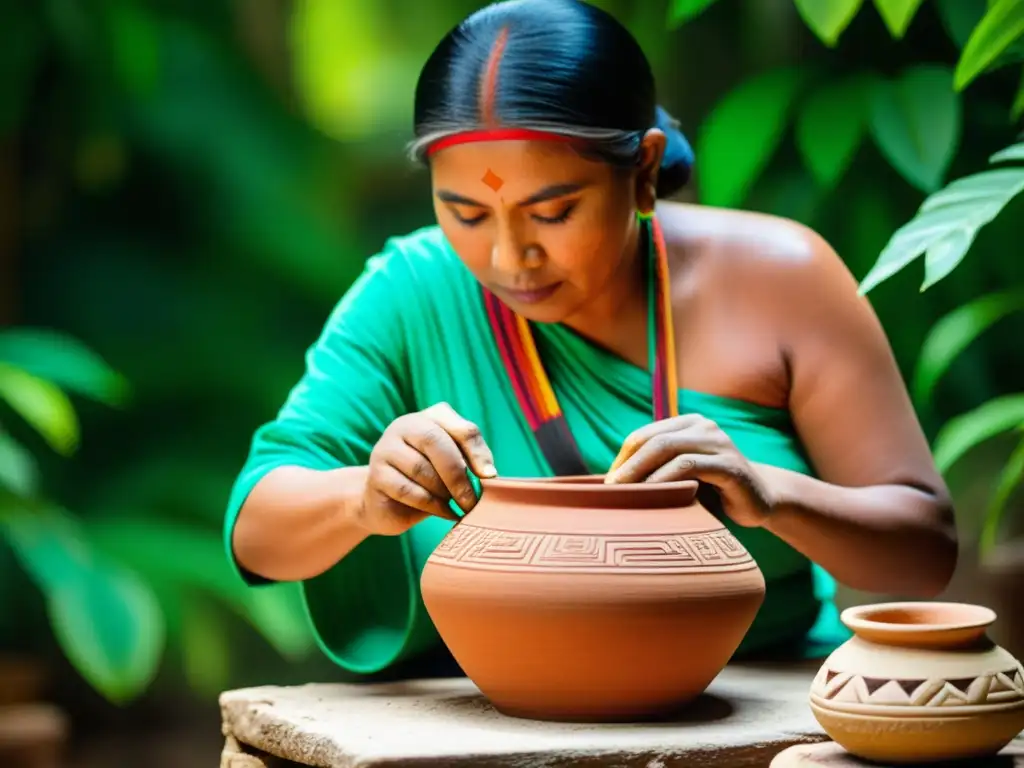 Un artesano maya crea un diseño de alfarería en medio de la exuberante selva, evocando la tradición cultural de la alfarería maya en México