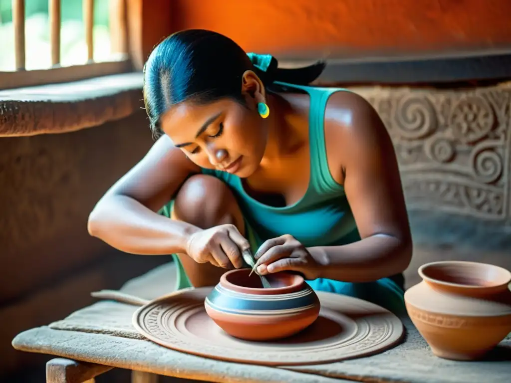 Un artesano maya moldea y pinta una pieza de alfarería con diseños intrincados y colores vibrantes en un taller rústico y soleado en México, capturando la esencia de la alfarería diseño maya México