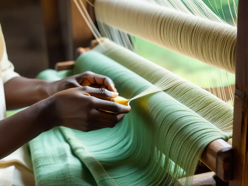 Un artesano tejendo meticulosamente tela Khadi con hilos de algodón crudos, resaltando la elaboración artesanal del textil Khadi