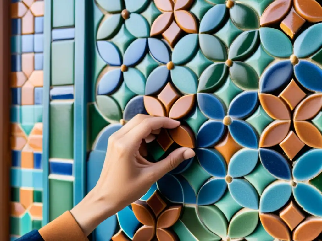 Un artesano coloca con meticulosidad mosaicos árabes en una pared, creando efectos visuales fascinantes con tonos vintage