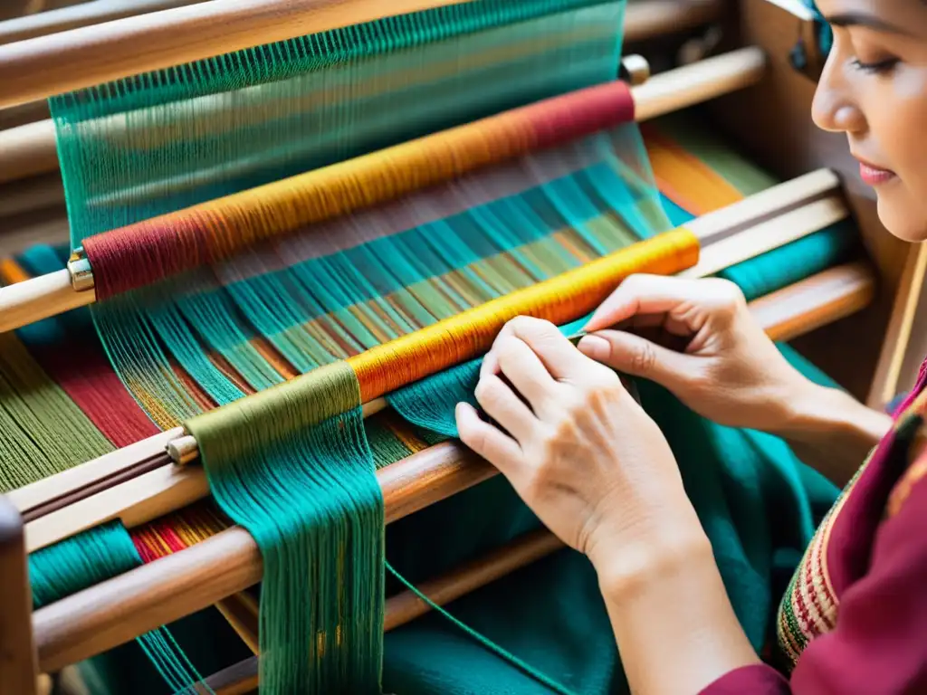 Un artesano teje con meticulosidad patrones textiles en un telar de madera, mostrando su destreza y dedicación a las técnicas de creación de patrones textiles artesanales