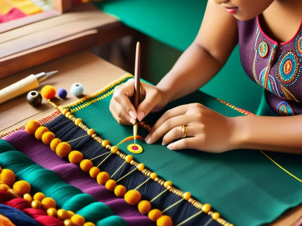 Un artesano meticuloso crea diseño de patrones contemporáneos étnicos en tejido, rodeado de colores y herramientas tradicionales