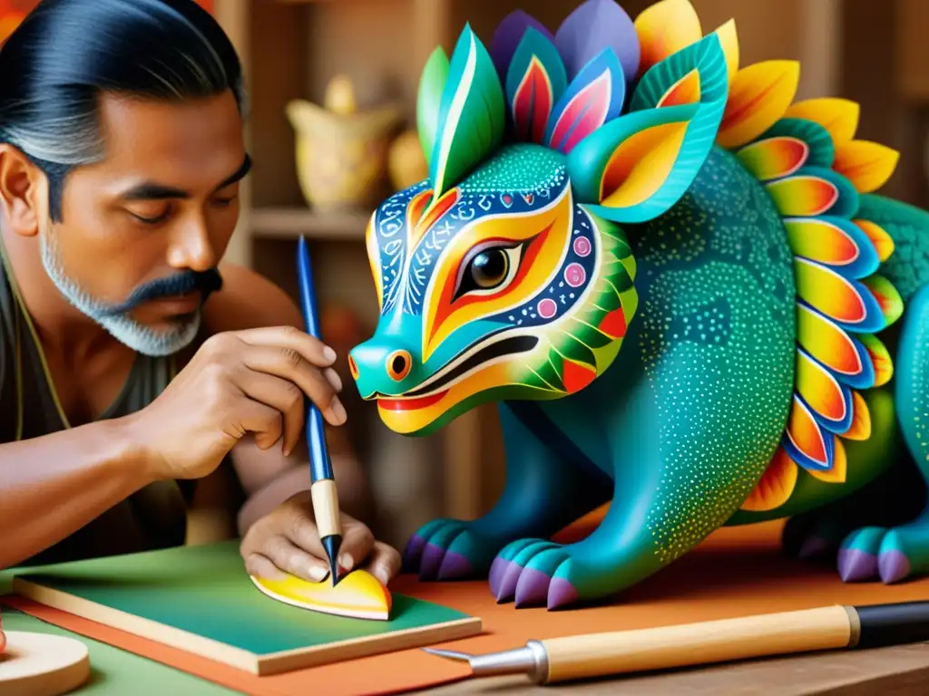 Artesano tallando y pintando un alebrije con maestría Un artesano meticuloso da vida a un alebrije vibrante con intrincados detalles