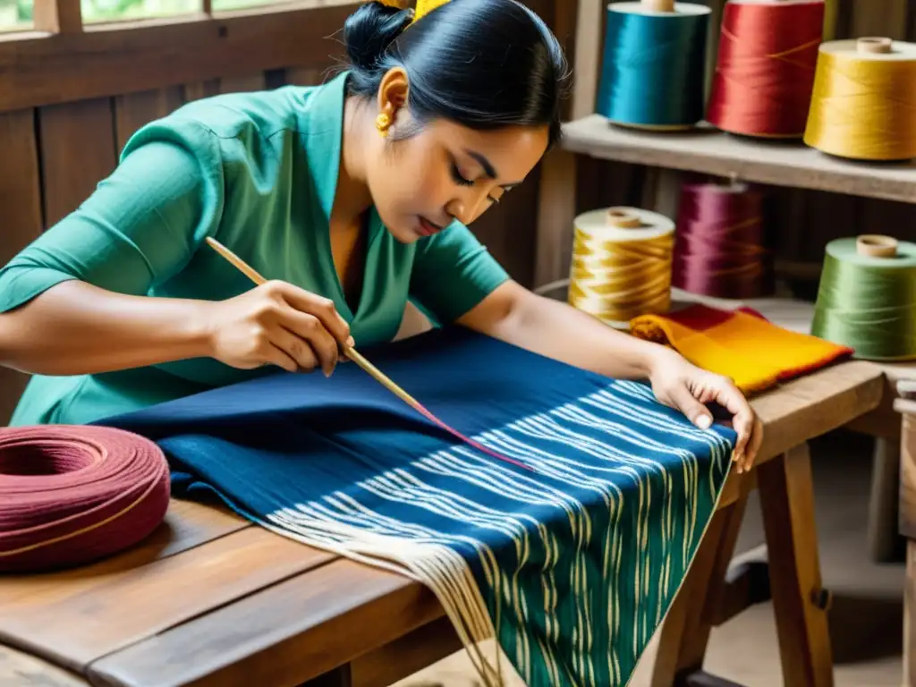 Un artesano hábil y minucioso ata patrones en tela para las técnicas tradicionales de teñido Ikat y Shibori