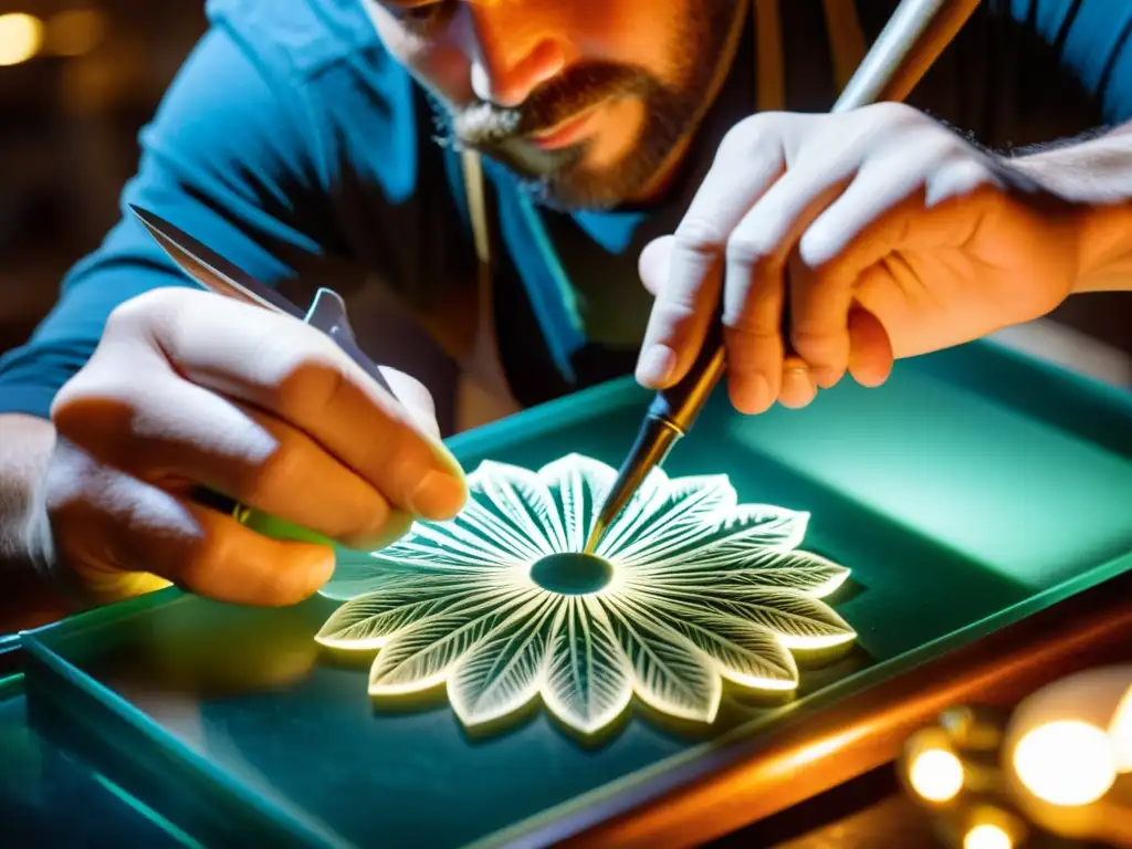 Un artesano crea minuciosos patrones en cristalería fina, con destreza y precisión, iluminado por la cálida luz del taller