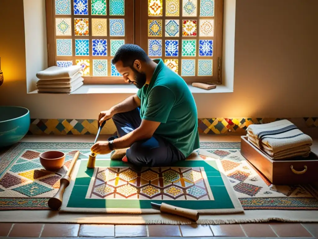 Artesano crea mosaico árabe con dedicación y maestría en proceso artístico