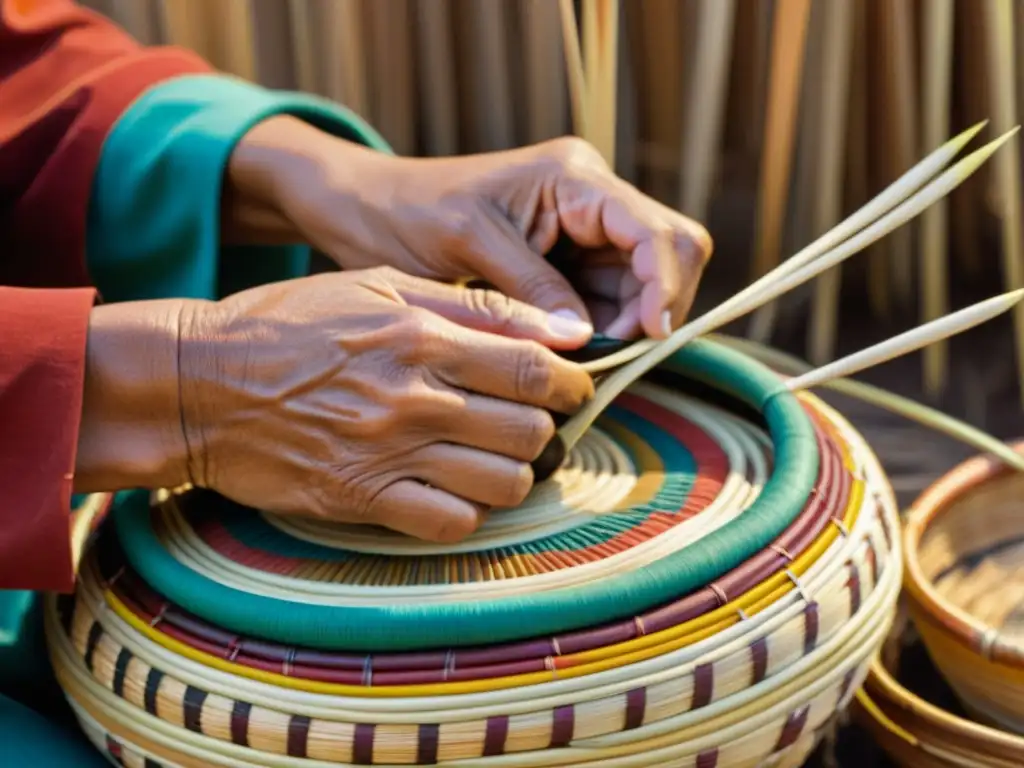 Un artesano nativo teje patrones artísticos en cestas, mostrando habilidad y herencia cultural