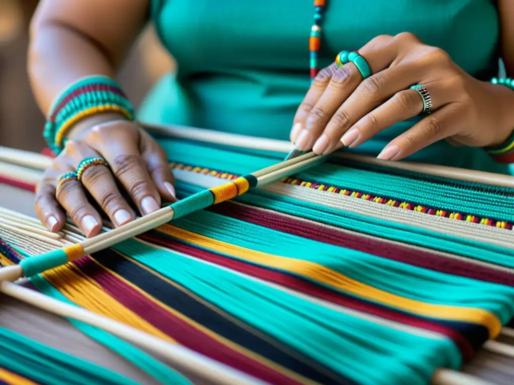 Un artesano nativo teje patrones artísticos en cestas con destreza y tradición, iluminado por la cálida luz natural