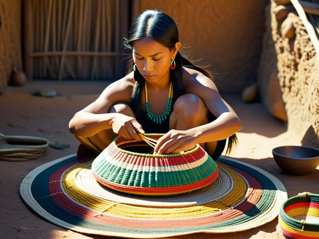 Un artesano nativo teje patrones artísticos en cestas, rodeado de coloridas creaciones tradicionales y bañado por la luz del sol