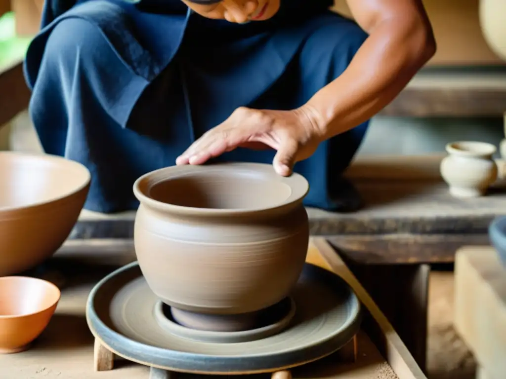 Un artesano de Okinawa en atuendo tradicional moldea con destreza una vasija de barro en un torno vintage