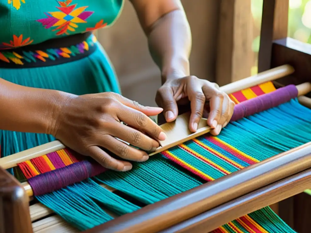 Un artesano otomí teje con destreza hilos vibrantes en telar de madera, reflejando las técnicas de tejidos otomíes tradicionales