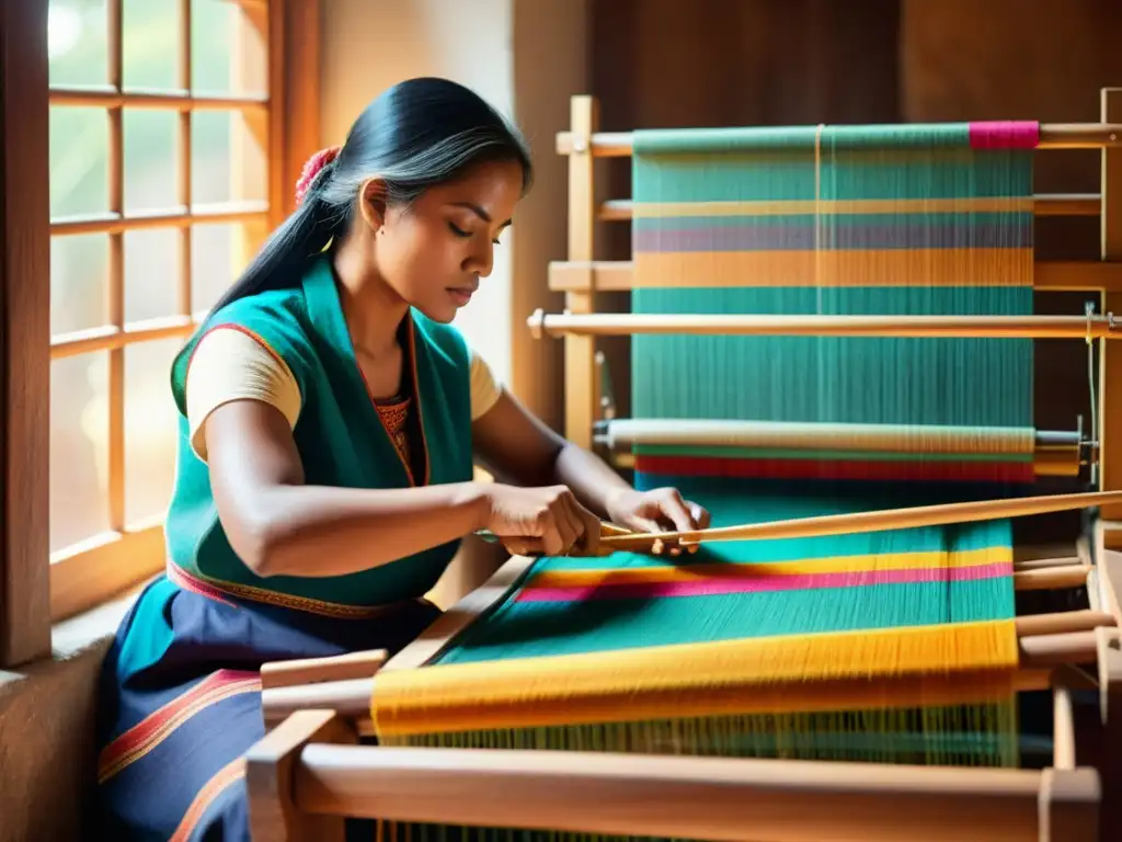 Un artesano teje un patrón colorido en un telar de madera, rodeado de hilos vibrantes y textiles terminados