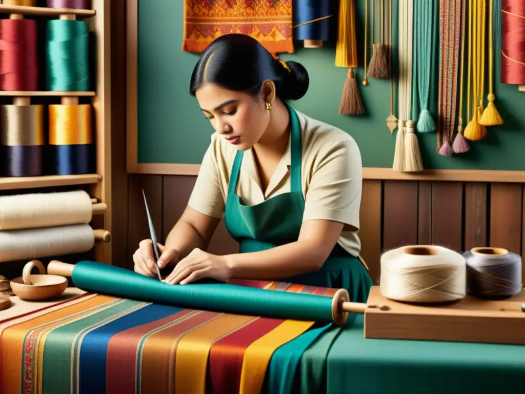 Un artesano crea un patrón textil con precisión, rodeado de hilos y herramientas vintage