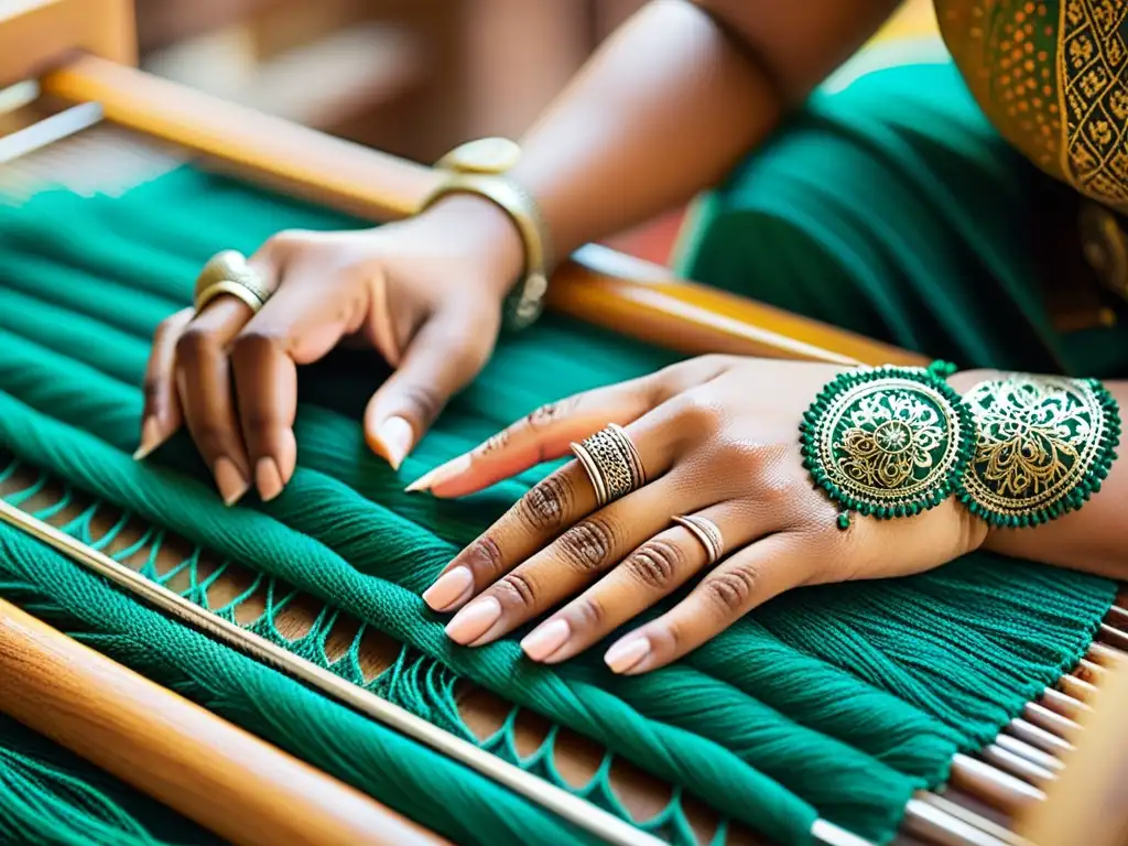 Un artesano crea un patrón textil en un telar de madera