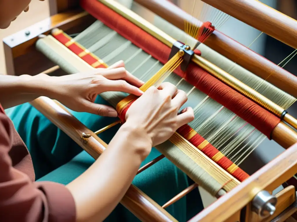 Un artesano hábil teje un patrón textil tradicional en un telar de madera vintage, reflejando la rica herencia cultural del diseño de patrones