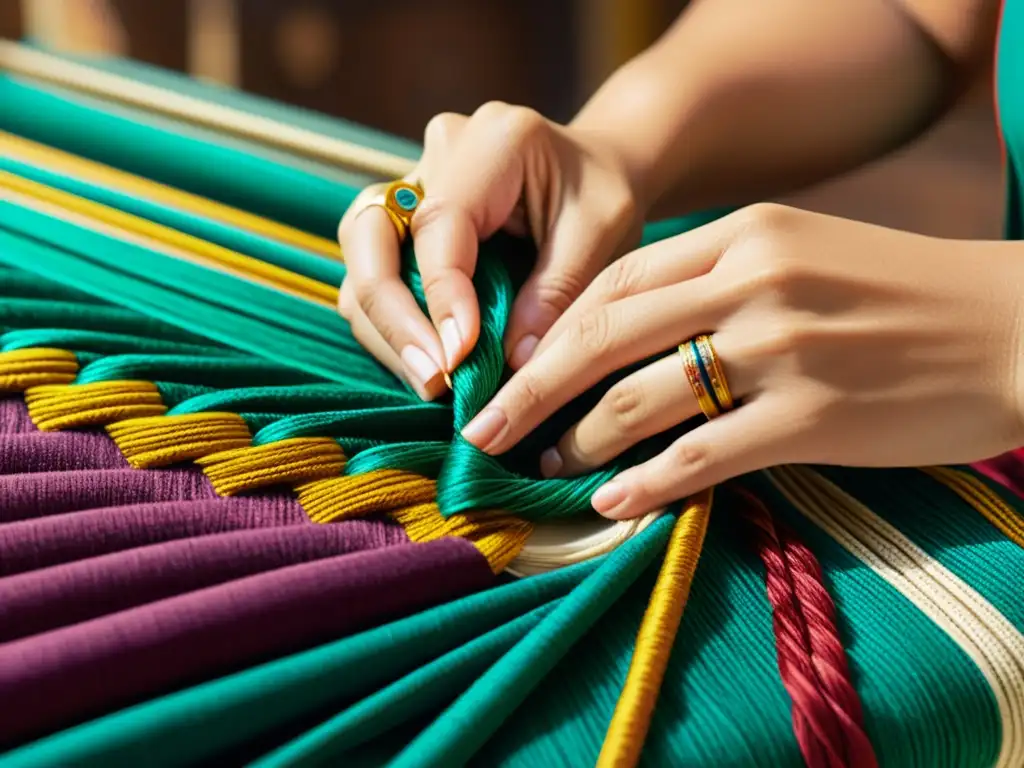 Artesano tejiendo un patrón textil tradicional con colores vibrantes, destacando la importancia cultural