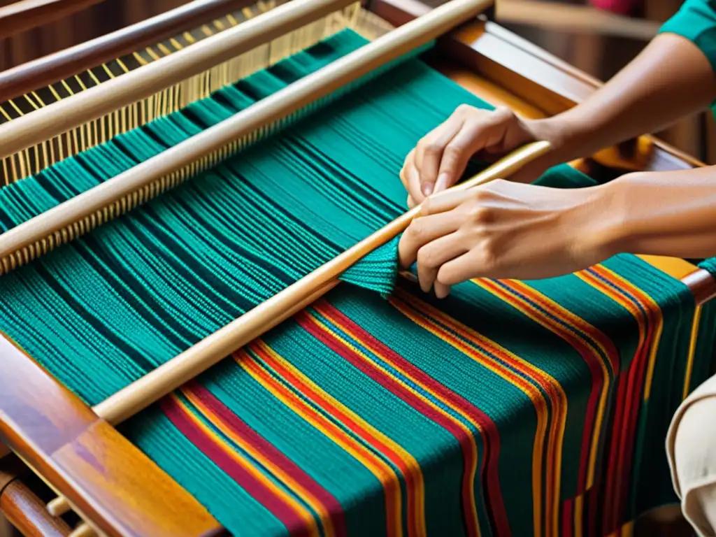 Artesano tejiendo un patrón textil tradicional en telar de madera