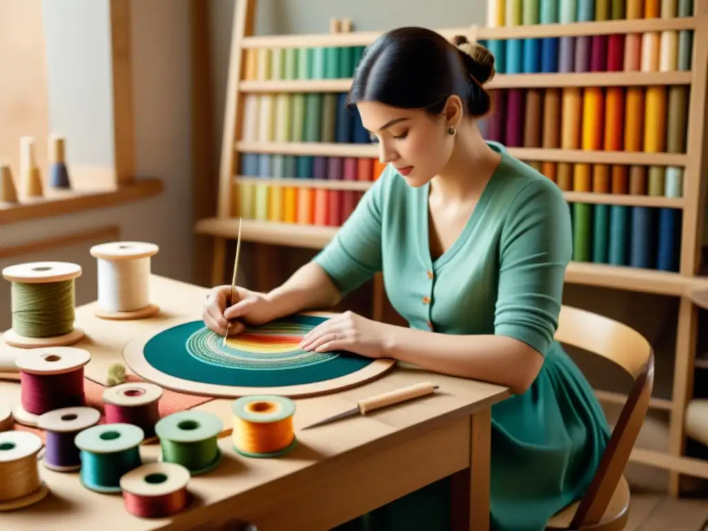 Un artesano crea patrones con aguja y hilo en un taller cálido, rodeado de hilos de colores y telas