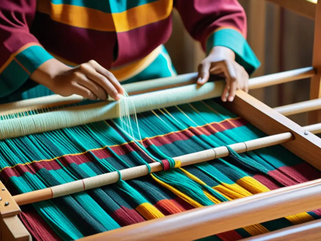 Un artesano hábil teje patrones ancestrales en marketing contemporáneo en un telar de madera, evocando una rica herencia cultural