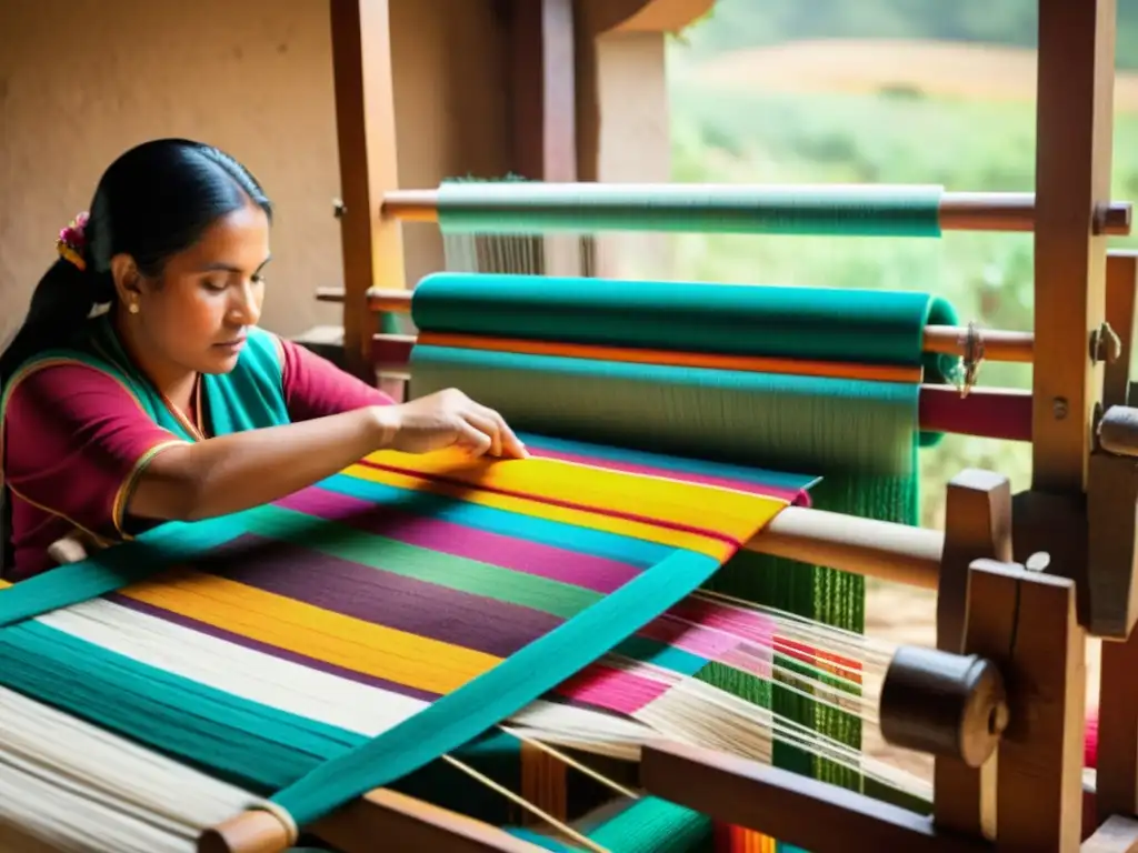 Artesano tejiendo patrones artísticos en feria de Teotitlán, evocando tradición y artesanía en vibrantes telares