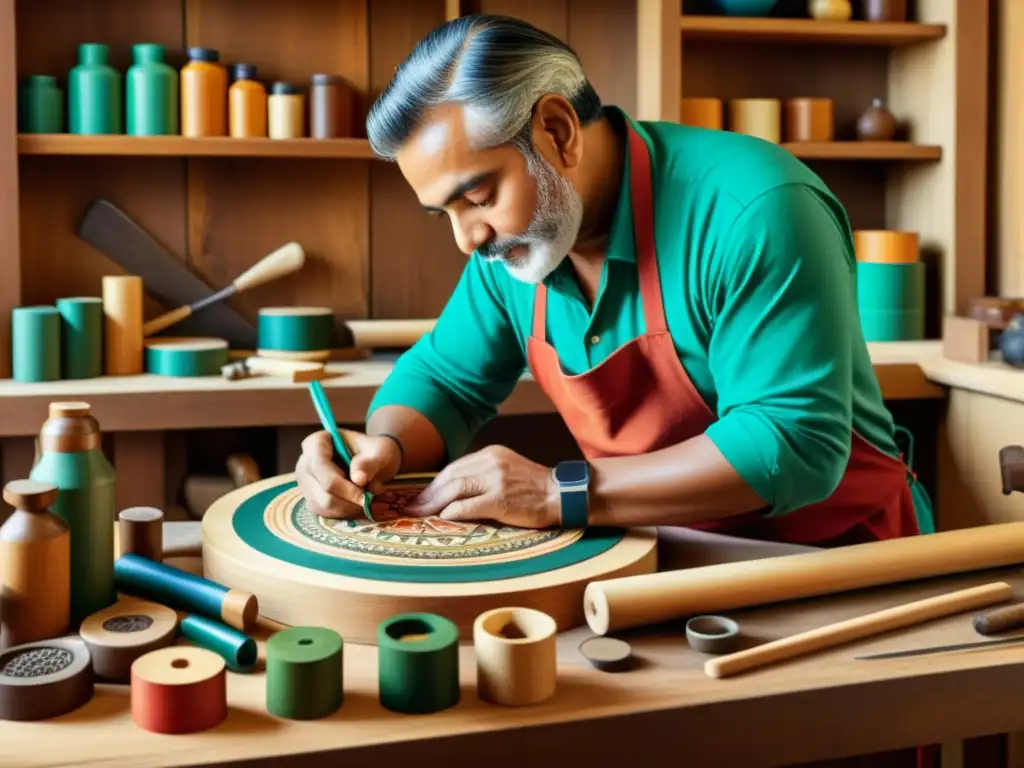 Un artesano crea patrones artísticos en licenciamiento global con habilidad y dedicación en su taller de madera