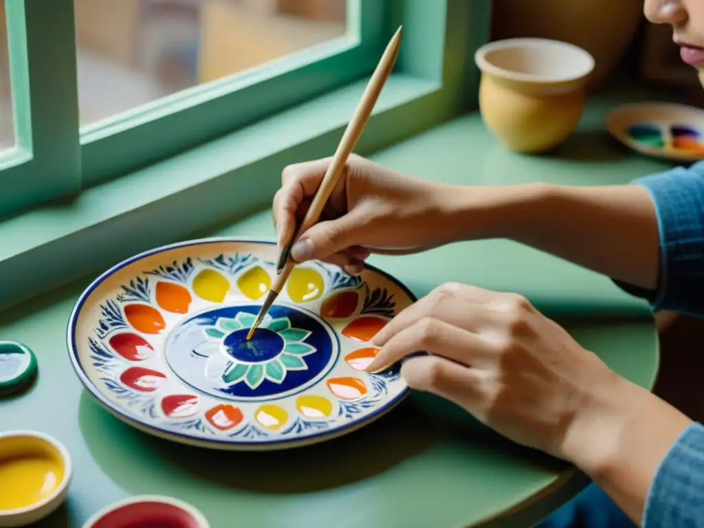 Un artesano pinta con precisión patrones artísticos en un plato de cerámica, capturando la esencia del desarrollo de productos con arte y tradición