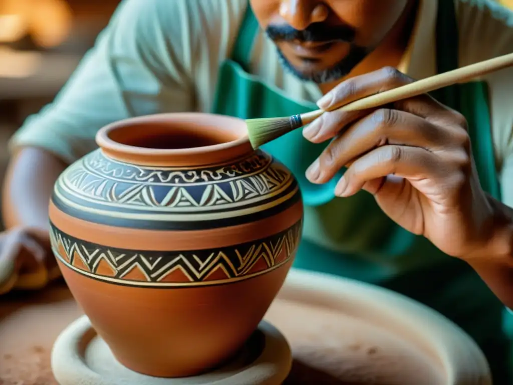 Un artesano pintando patrones cerámicos arte tradicional en una vasija vintage con destreza y precisión, en un ambiente atemporal