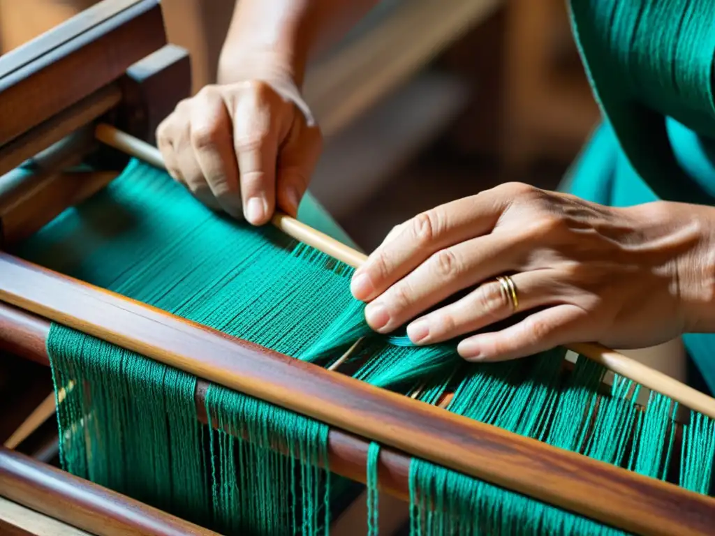 Artesano tejiendo en telar vintage: historia y color Un artesano teje patrones contemporáneos con raíces ancestrales en un antiguo telar de madera