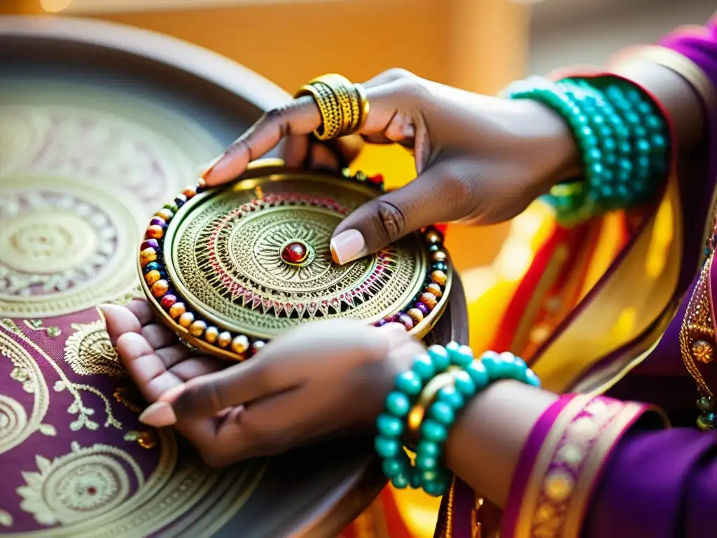 Un artesano de joyería india teje patrones intrincados en un brazalete de latón vintage, con hilo y cuentas coloridas, en un taller de joyería india