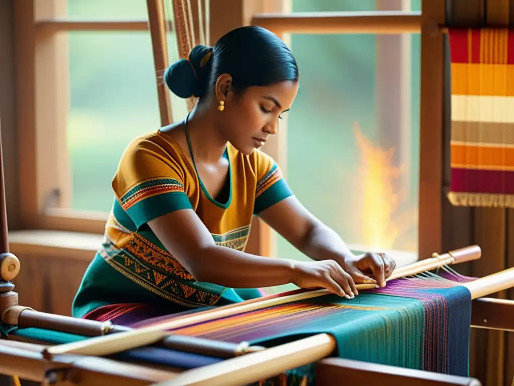 Artesano experto tejiendo patrones tradicionales con técnicas innovadoras Un artesano hábil teje patrones nativos con técnicas modernas en un telar de madera, fusionando tradición y contemporaneidad con destreza