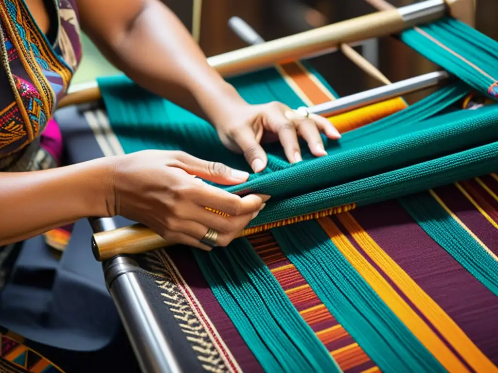 Artesano tejiendo textiles vibrantes con técnicas tradicionales y modernas Artesano fusionando patrones nativos con técnicas modernas en vibrante textil