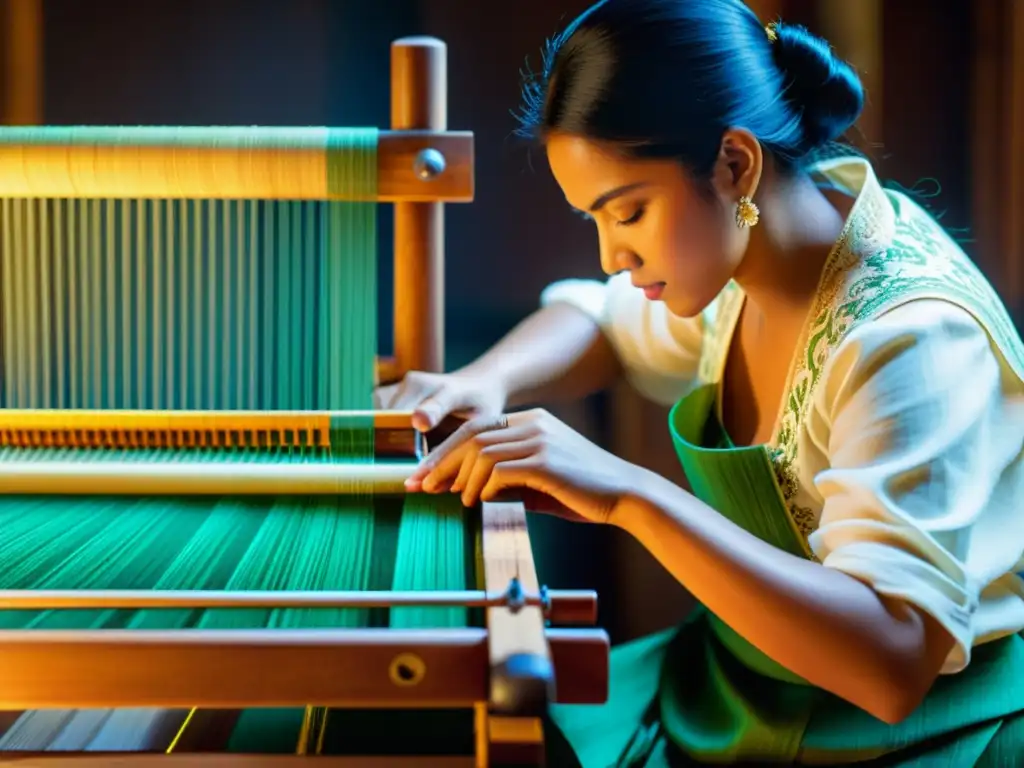 Un artesano hábil teje patrones en tela damasco en un telar de madera, evocando la técnica textil damasco tradicional con un diseño hipnótico