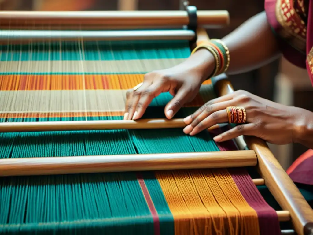 Un artesano hábil teje patrones textiles indios tradicionales en un telar de madera vintage, creando una obra de arte colorida y compleja