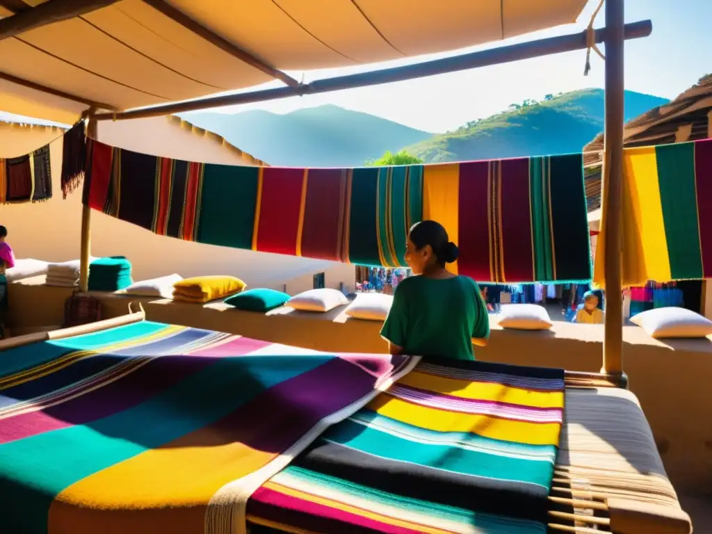 Artesano tejiendo patrones textiles en mercado de Oaxaca, con telas coloridas y tradición artesanal