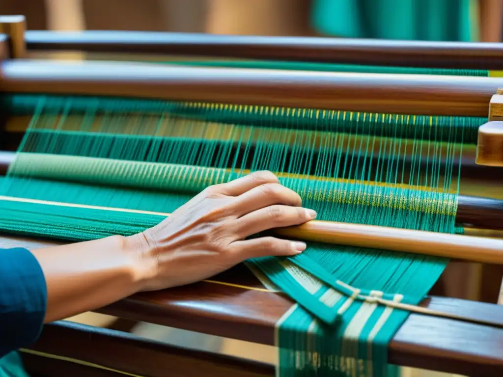 Un artesano teje patrones textiles tradicionales en un telar antiguo, evocando la herencia cultural