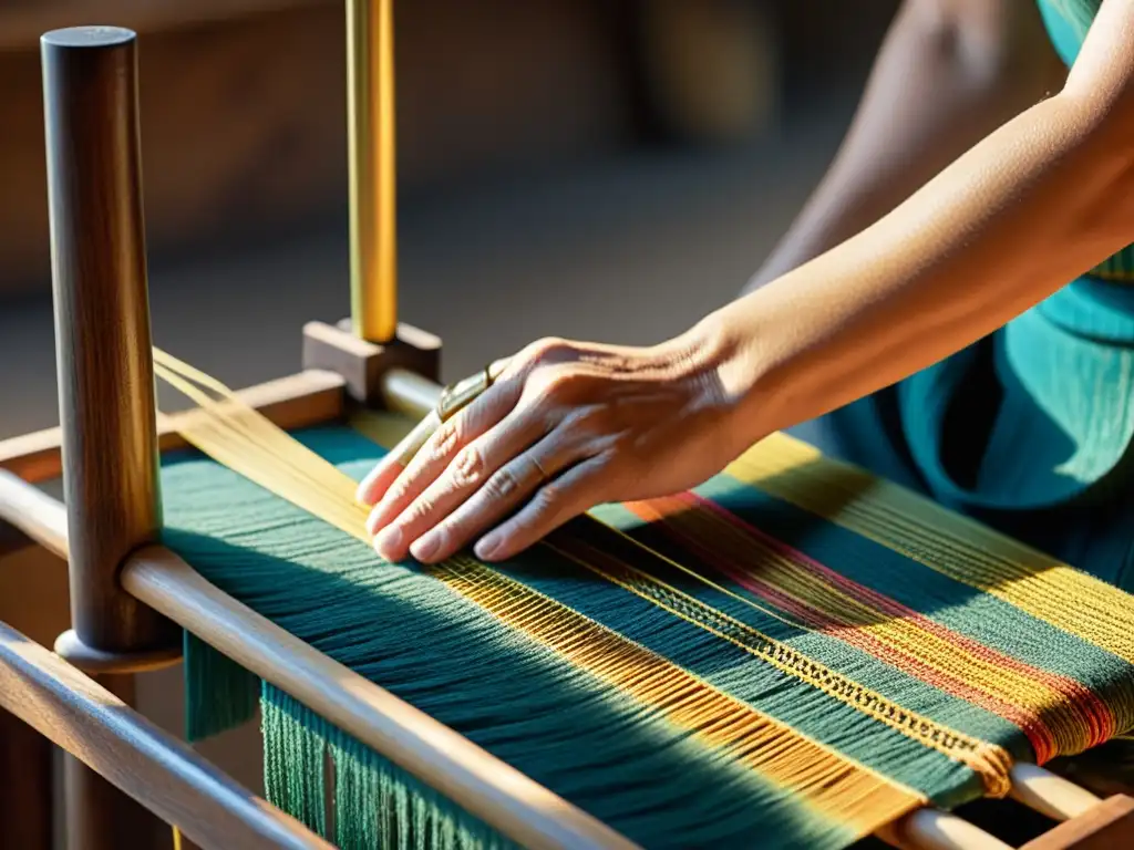 Un artesano teje patrones tradicionales en realidad aumentada, iluminado por la cálida luz dorada en su taller rústico