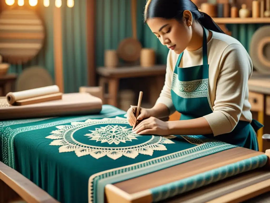Artesano crea patrones tradicionales en realidad aumentada, fusionando artesanía y tecnología en un taller acogedor