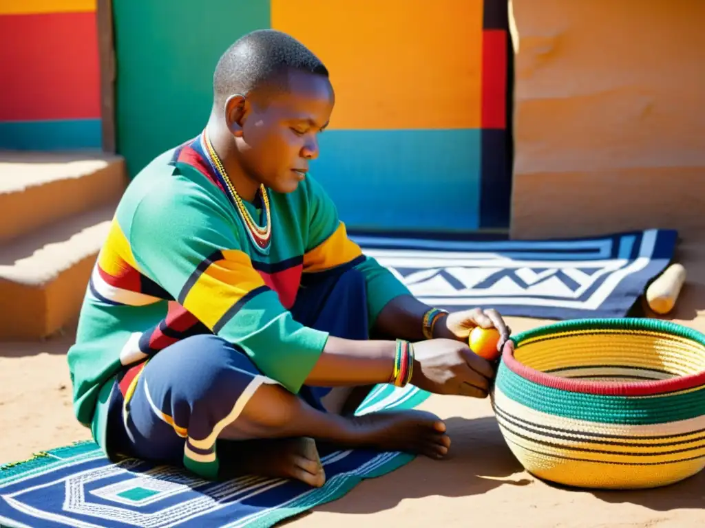 Un artesano Ndebele pinta meticulosamente patrones tradicionales en un tejido vibrante, rodeado de artesanías