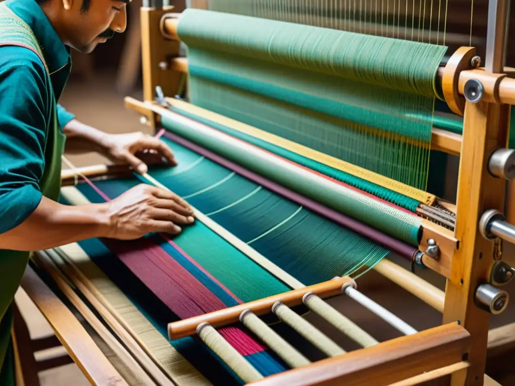 Un artesano teje patrones tradicionales textiles en un telar vintage, rodeado de una cálida atmósfera rústica