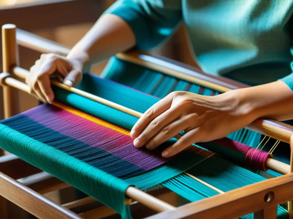 Un artesano teje patrones vibrantes en un telar de madera, destacando el tejido manual en la producción textil con dedicación y maestría