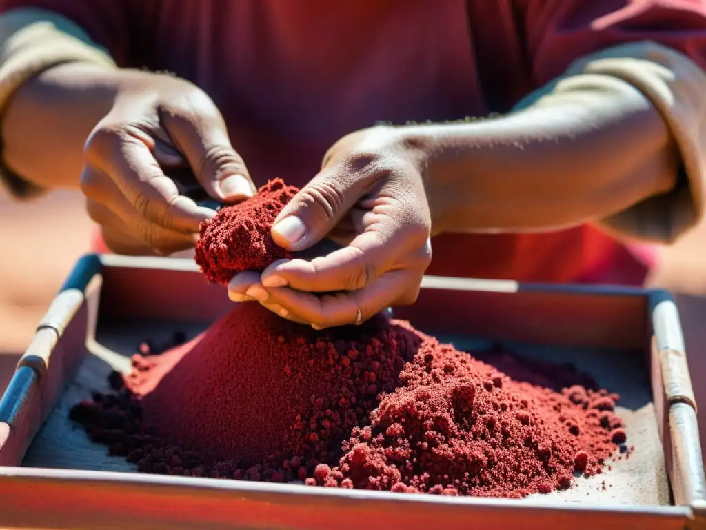 Un artesano en Marruecos, expertamente extrayendo pigmentos naturales de insectos, evocando la rica herencia cultural