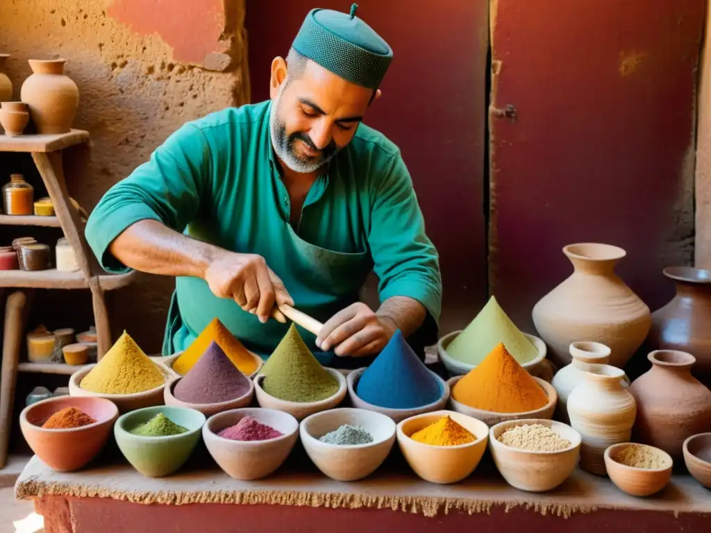 Un artesano en Fez, Marruecos, muele pigmentos naturales en un taller, creando colores vibrantes