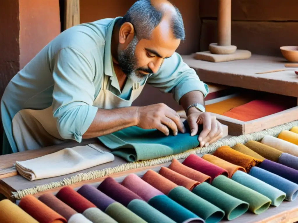 Artesano en Marruecos aplica pigmentos naturales a tela con técnicas tradicionales, evocando la herencia cultural y la artesanía atemporal