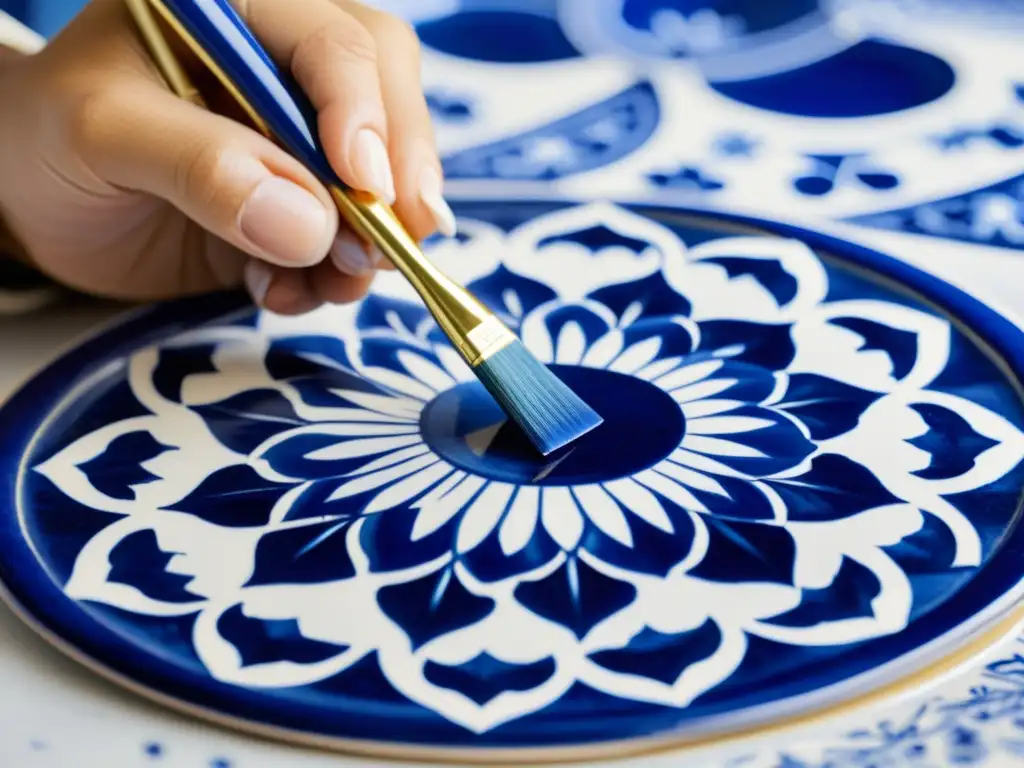 Un artesano portugués pinta con cuidado diseños azules y blancos en azulejos tradicionales