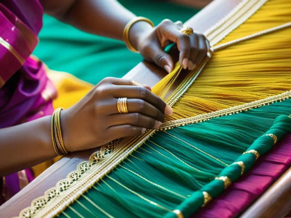 Artesano en Varanasi teje simbolismo saris con hilos de oro y plata en un sari de seda vibrante