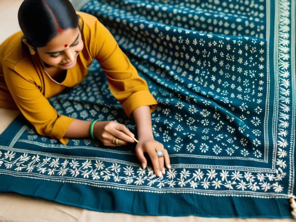 Artesano experto en Sindh o Kutch realizando impresión de Ajrakh Un artesano en Sindh o Kutch imprime meticulosamente diseños Ajrakh con tintes naturales, mostrando la rica herencia cultural y artesanía de la región